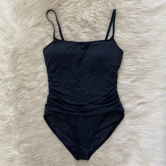 La Blanca Black One Piece Square Neck Neutral Ruched Island Goddess Swimsuit - Picture 2 of 11